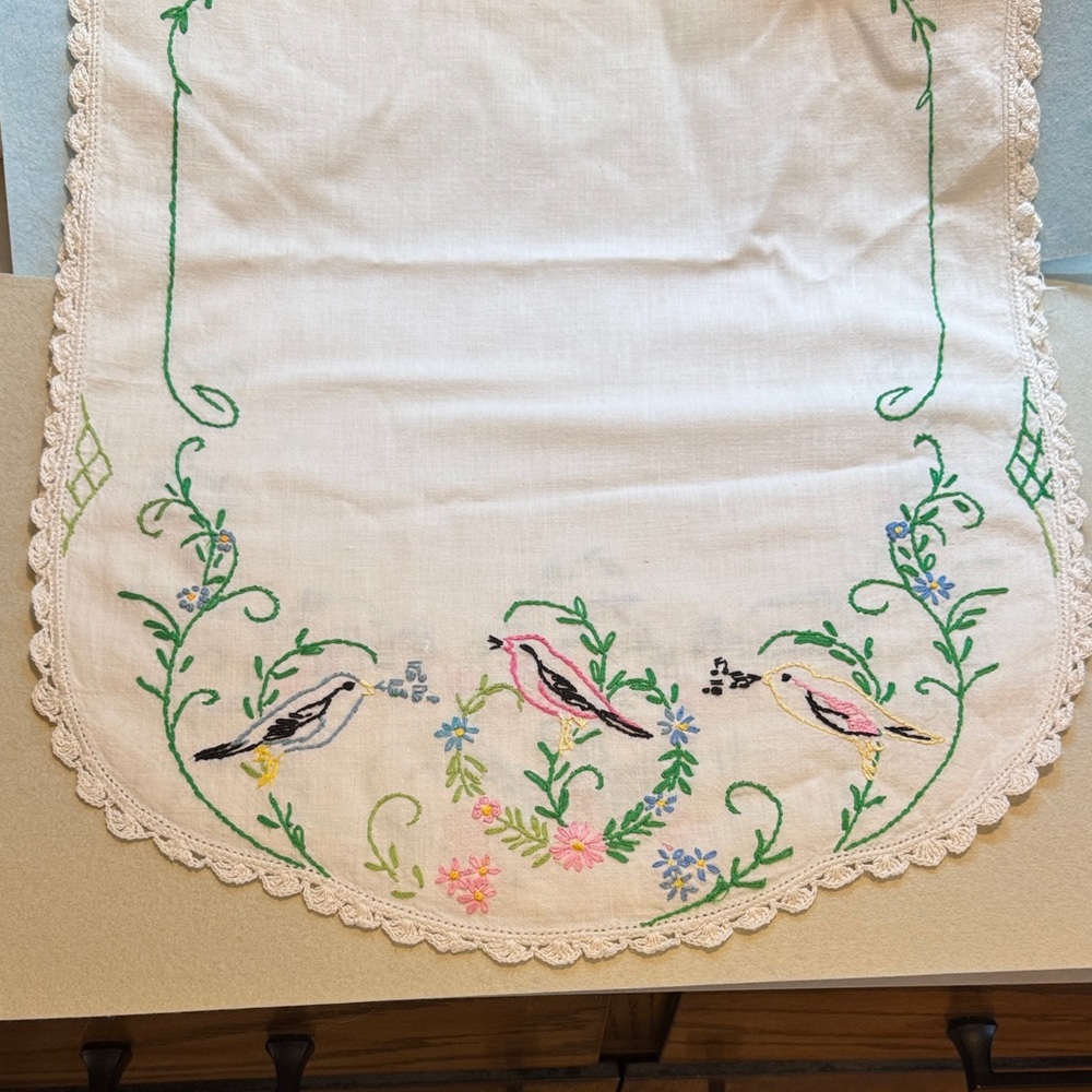 Vintage hand Embroidered Table Runner with Birds and Flowers